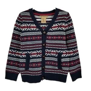 British Khaki Fair Isle Cardigan Sweater Button Pockets Red White Blue Unisex 4